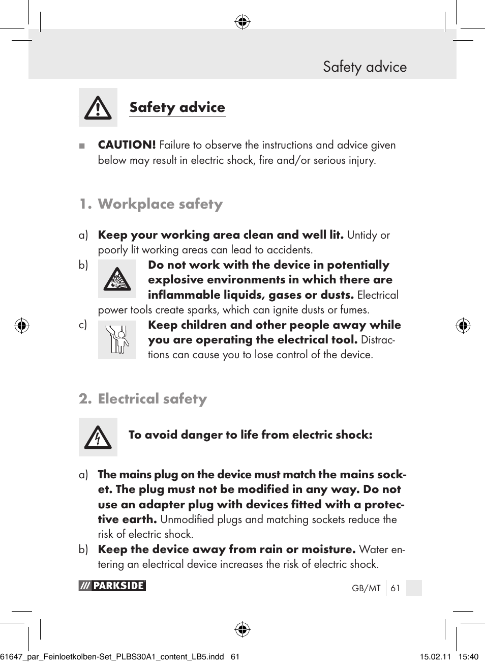 Safety advice, Workplace safety, Electrical safety | Parkside PLBS 30 A1 User Manual | Page 60 / 89