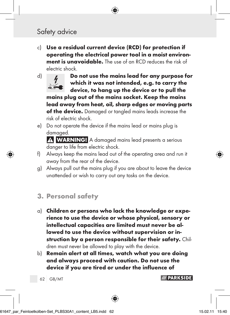 Safety advice, Personal safety | Parkside PLBS 30 A1 User Manual | Page 61 / 89