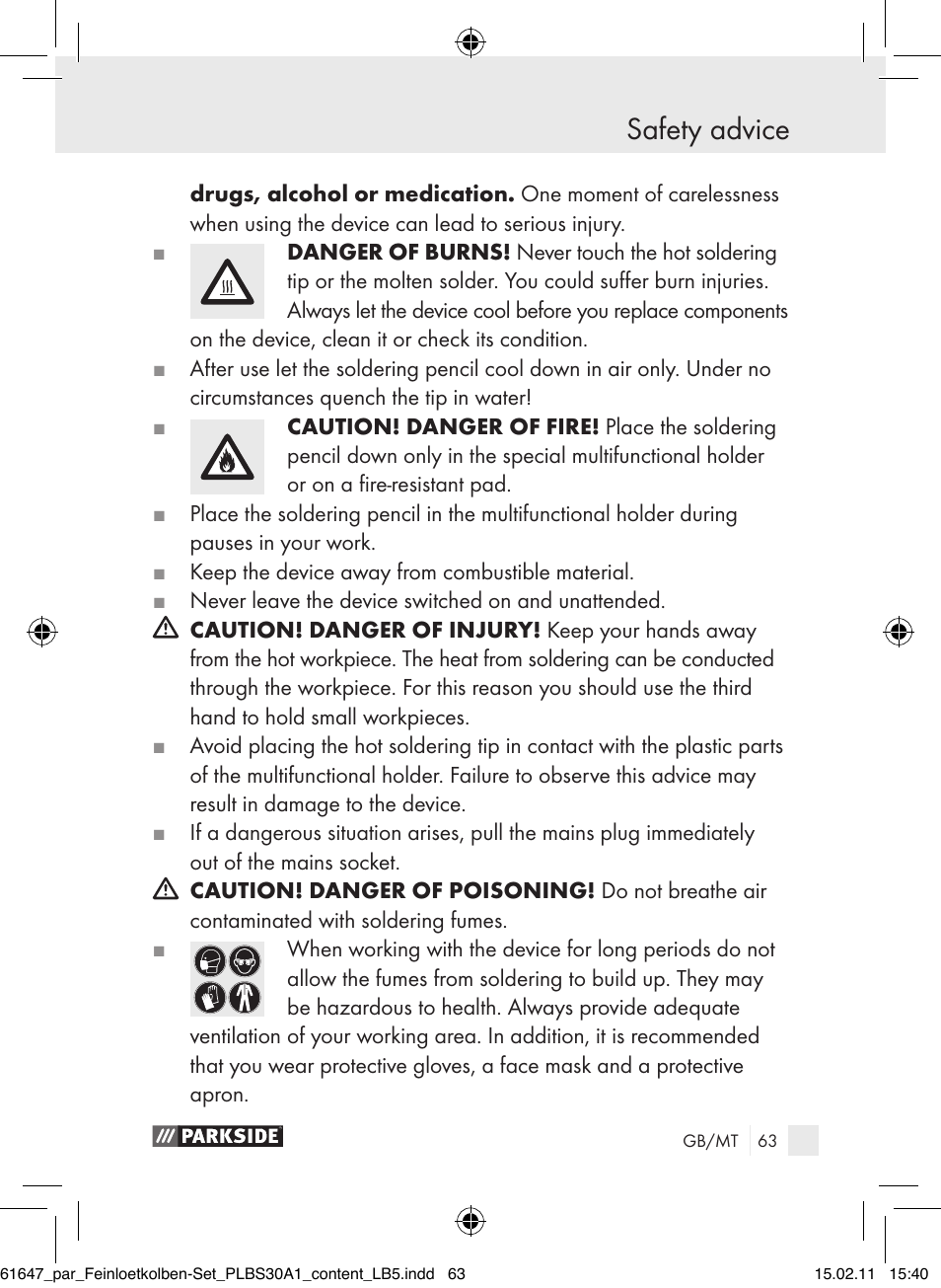 Safety advice | Parkside PLBS 30 A1 User Manual | Page 62 / 89
