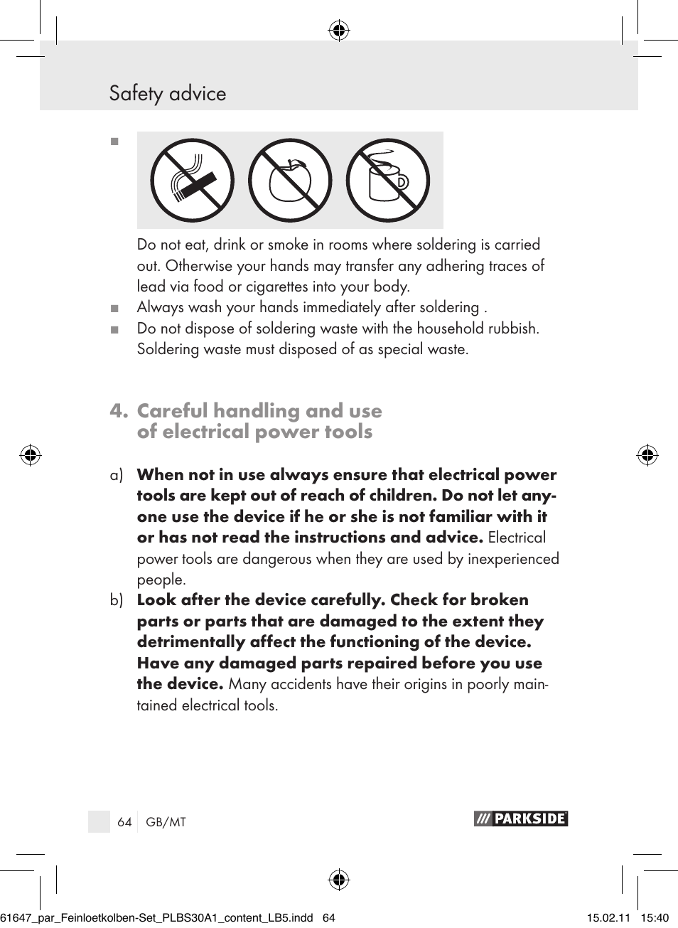 Safety advice, Careful handling and use of electrical power tools | Parkside PLBS 30 A1 User Manual | Page 63 / 89