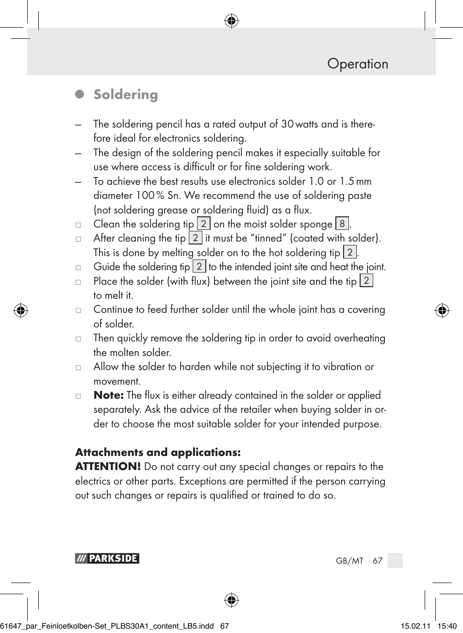 Operation, Soldering | Parkside PLBS 30 A1 User Manual | Page 66 / 89
