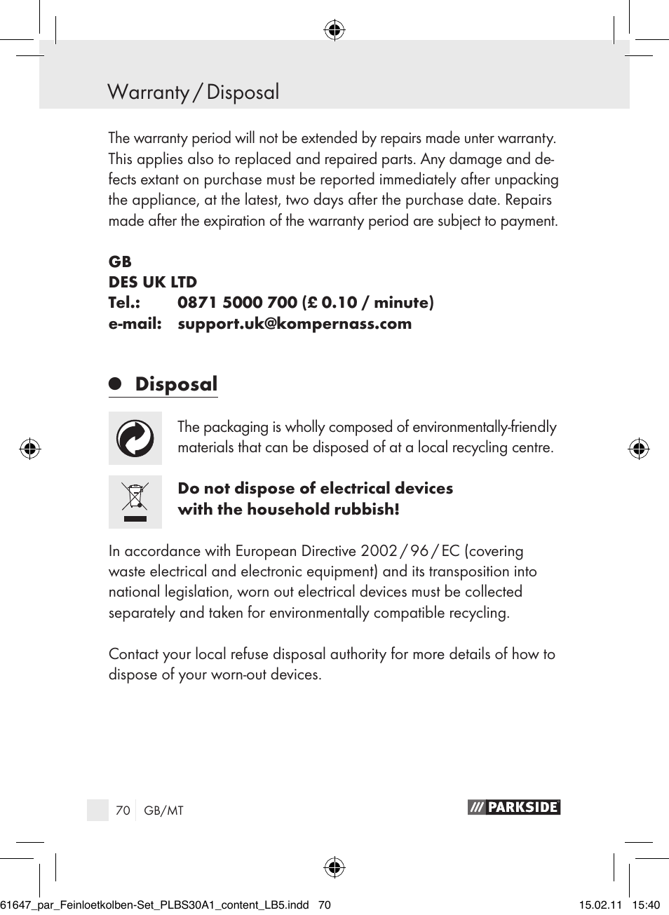 Warranty / disposal, Disposal | Parkside PLBS 30 A1 User Manual | Page 69 / 89