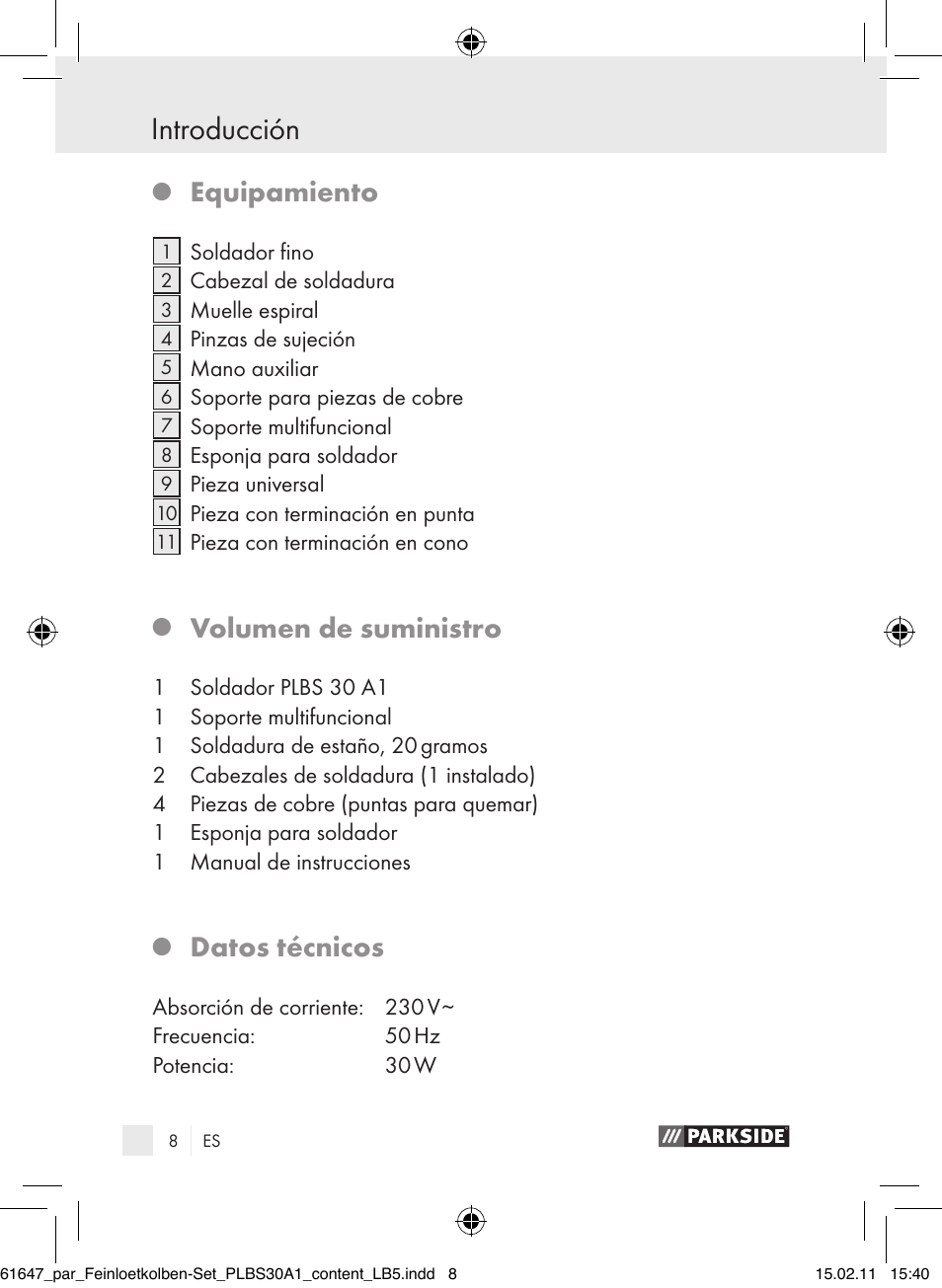 Introducción, Equipamiento, Volumen de suministro | Datos técnicos | Parkside PLBS 30 A1 User Manual | Page 7 / 89
