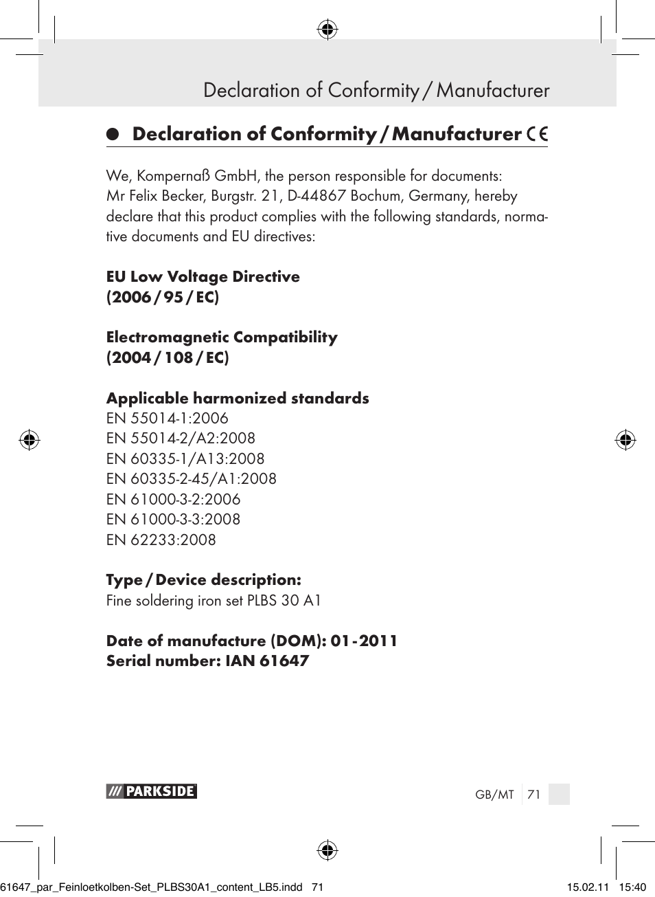 Declaration of conformity / manufacturer | Parkside PLBS 30 A1 User Manual | Page 70 / 89