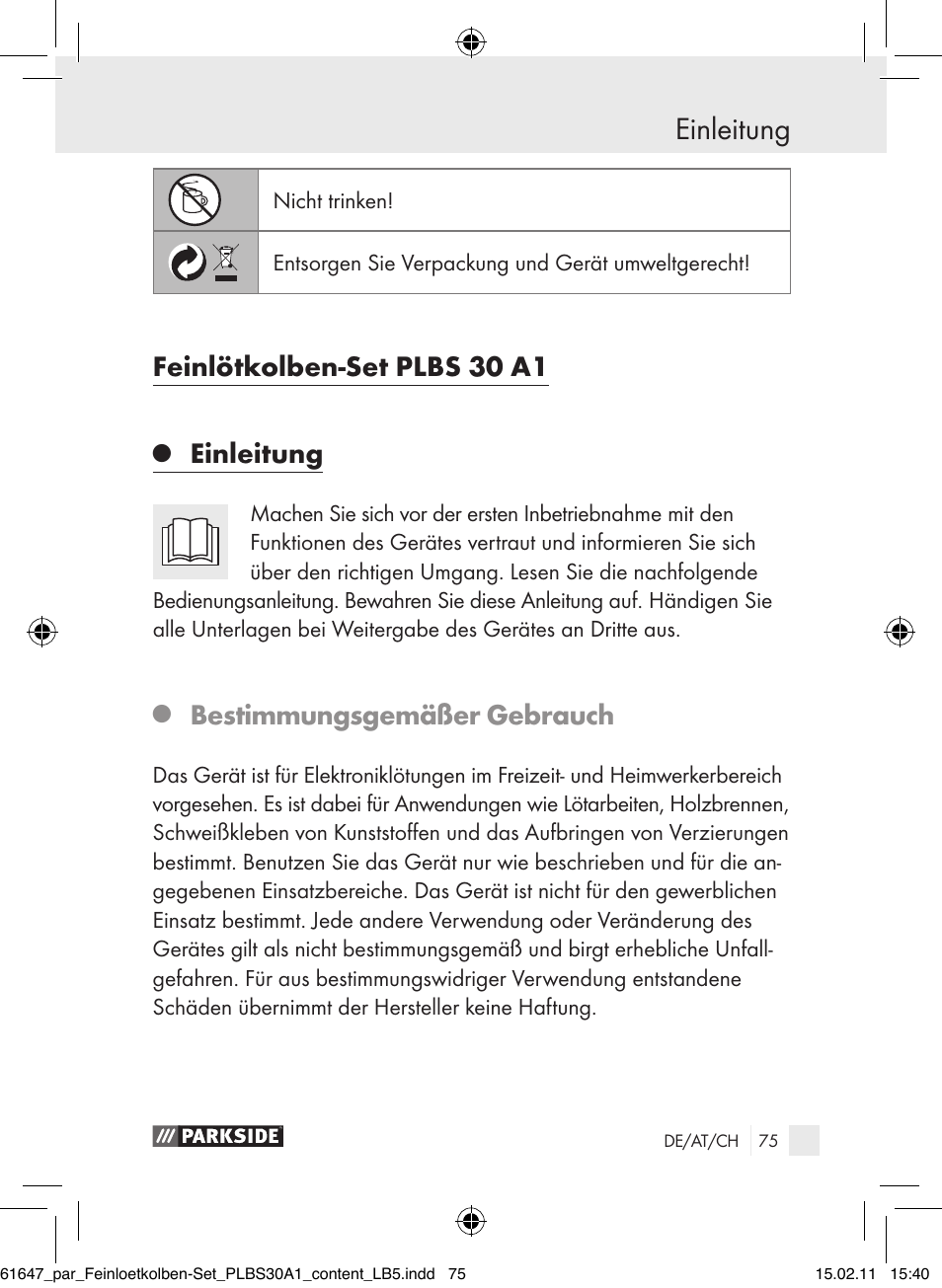 Einleitung, Feinlötkolben-set plbs 30 a1, Bestimmungsgemäßer gebrauch | Parkside PLBS 30 A1 User Manual | Page 74 / 89