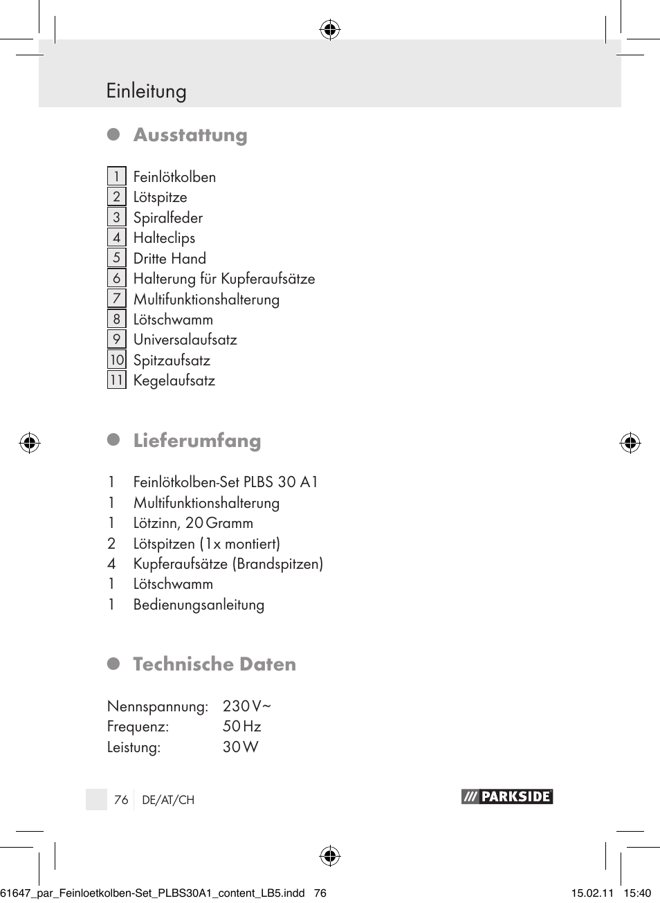 Einleitung, Ausstattung, Lieferumfang | Technische daten | Parkside PLBS 30 A1 User Manual | Page 75 / 89