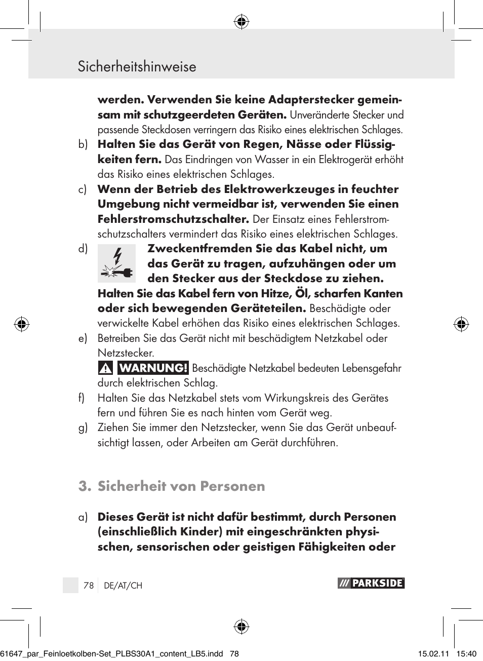 Sicherheitshinweise, Sicherheit von personen | Parkside PLBS 30 A1 User Manual | Page 77 / 89