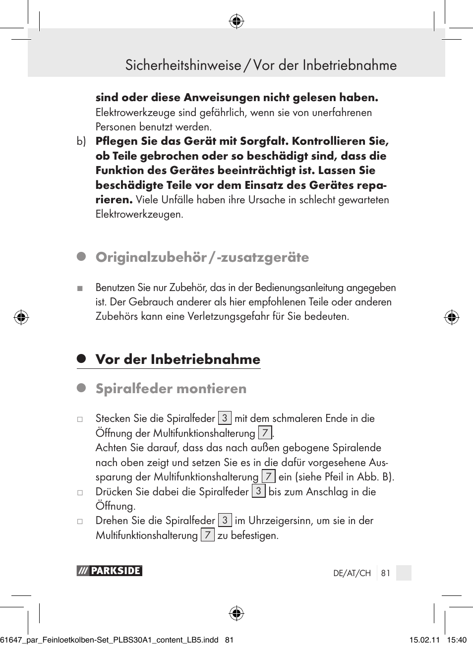 Sicherheitshinweise / vor der inbetriebnahme, Originalzubehör / -zusatzgeräte, Vor der inbetriebnahme | Spiralfeder montieren | Parkside PLBS 30 A1 User Manual | Page 80 / 89