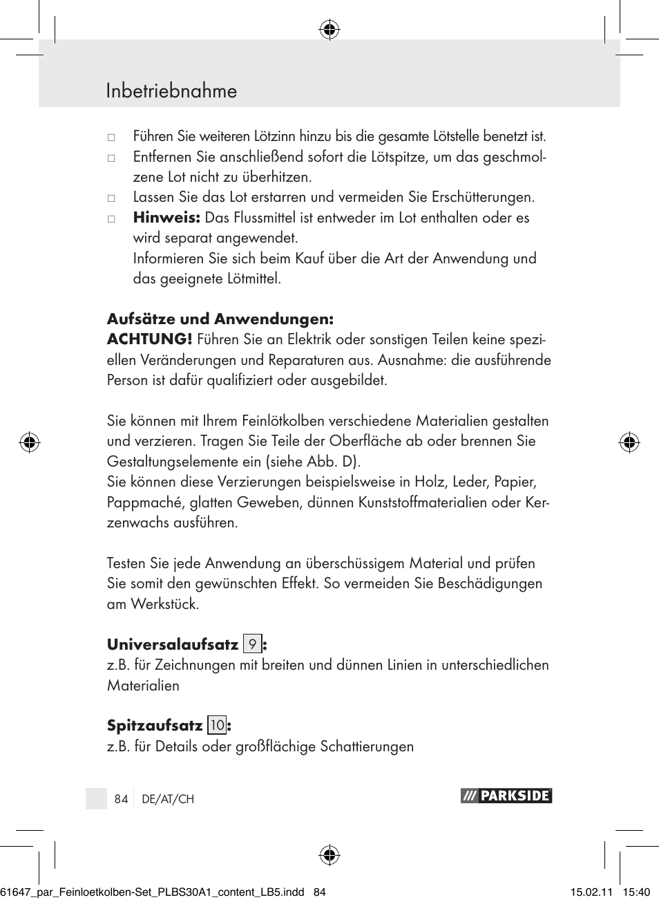 Inbetriebnahme | Parkside PLBS 30 A1 User Manual | Page 83 / 89