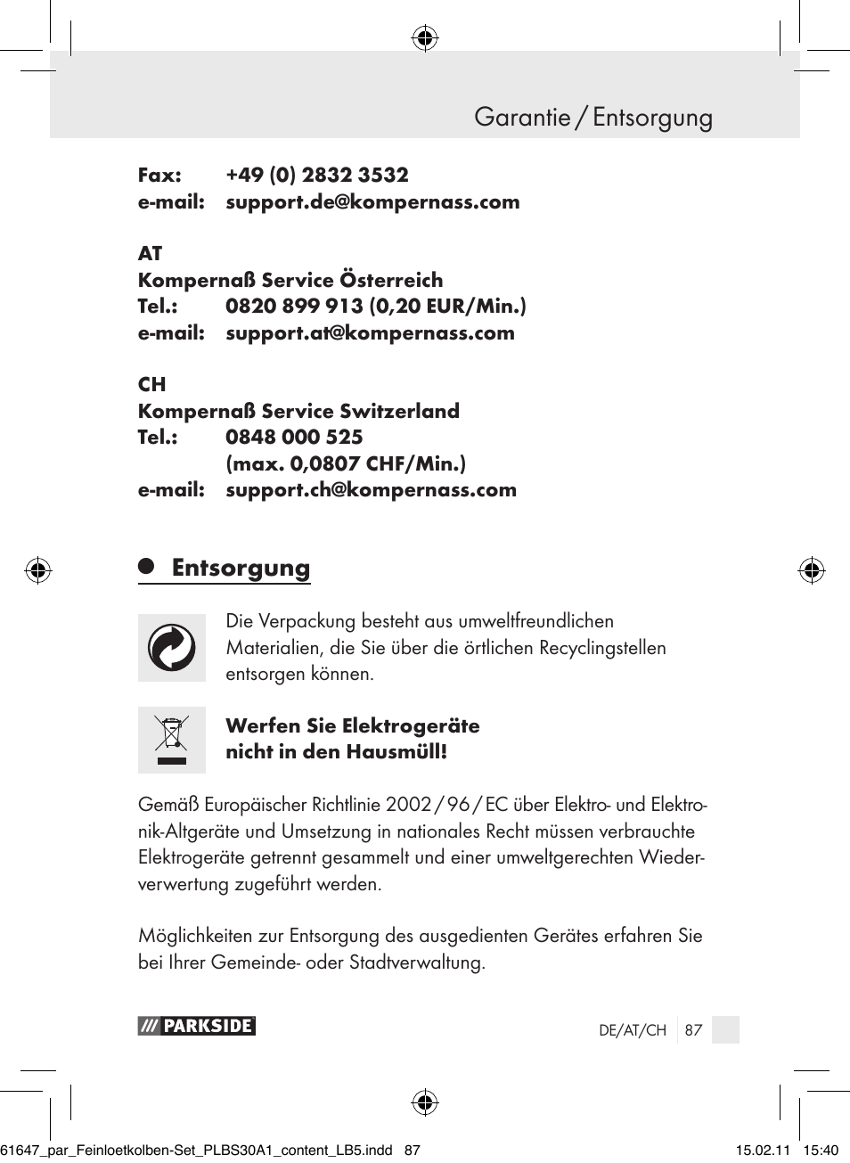 Garantie / entsorgung, Entsorgung | Parkside PLBS 30 A1 User Manual | Page 86 / 89