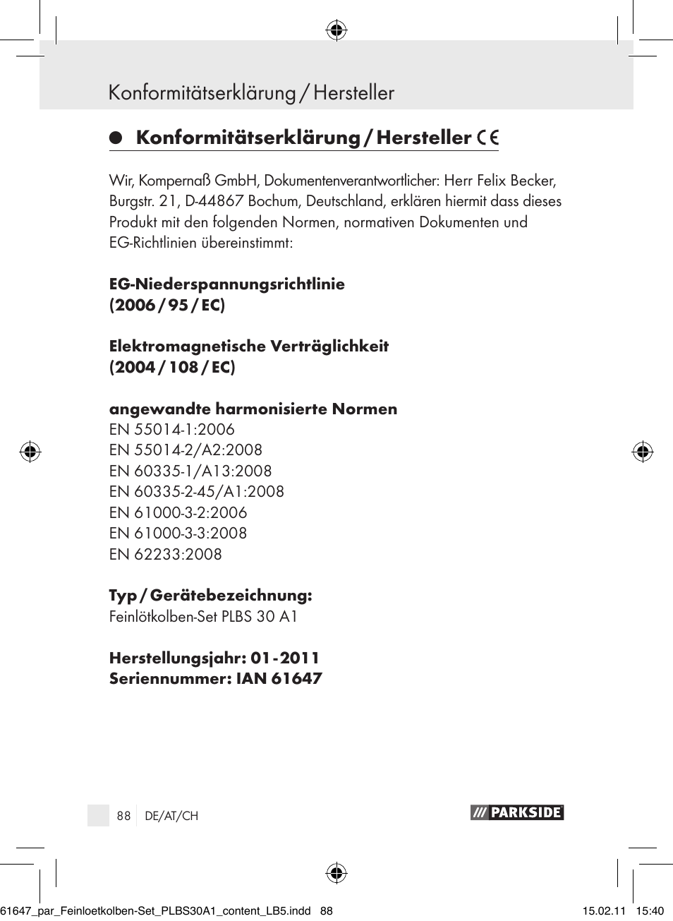 Konformitätserklärung / hersteller | Parkside PLBS 30 A1 User Manual | Page 87 / 89