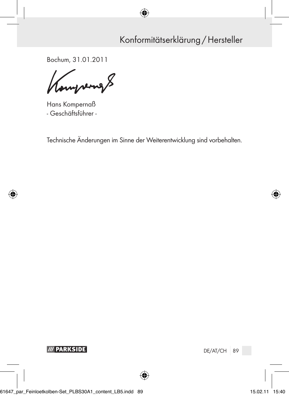 Konformitätserklärung / hersteller | Parkside PLBS 30 A1 User Manual | Page 88 / 89