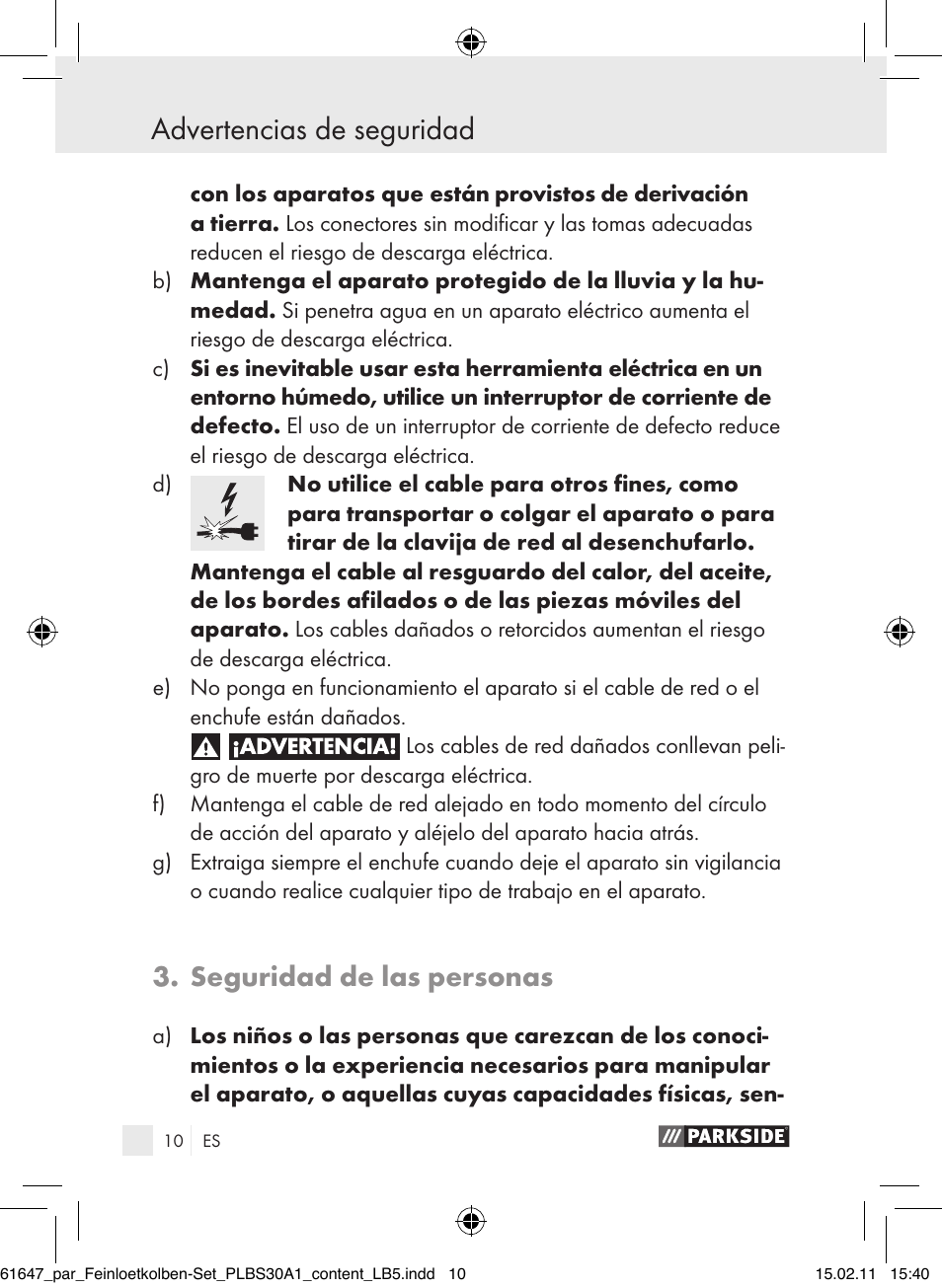 Advertencias de seguridad, Seguridad de las personas | Parkside PLBS 30 A1 User Manual | Page 9 / 89