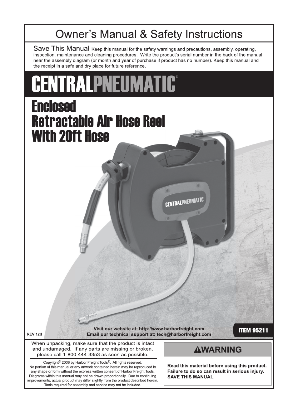 Harbor Freight Tools AUTO-REWIND AIR HOSE REEL 95211 User Manual | 8 pages