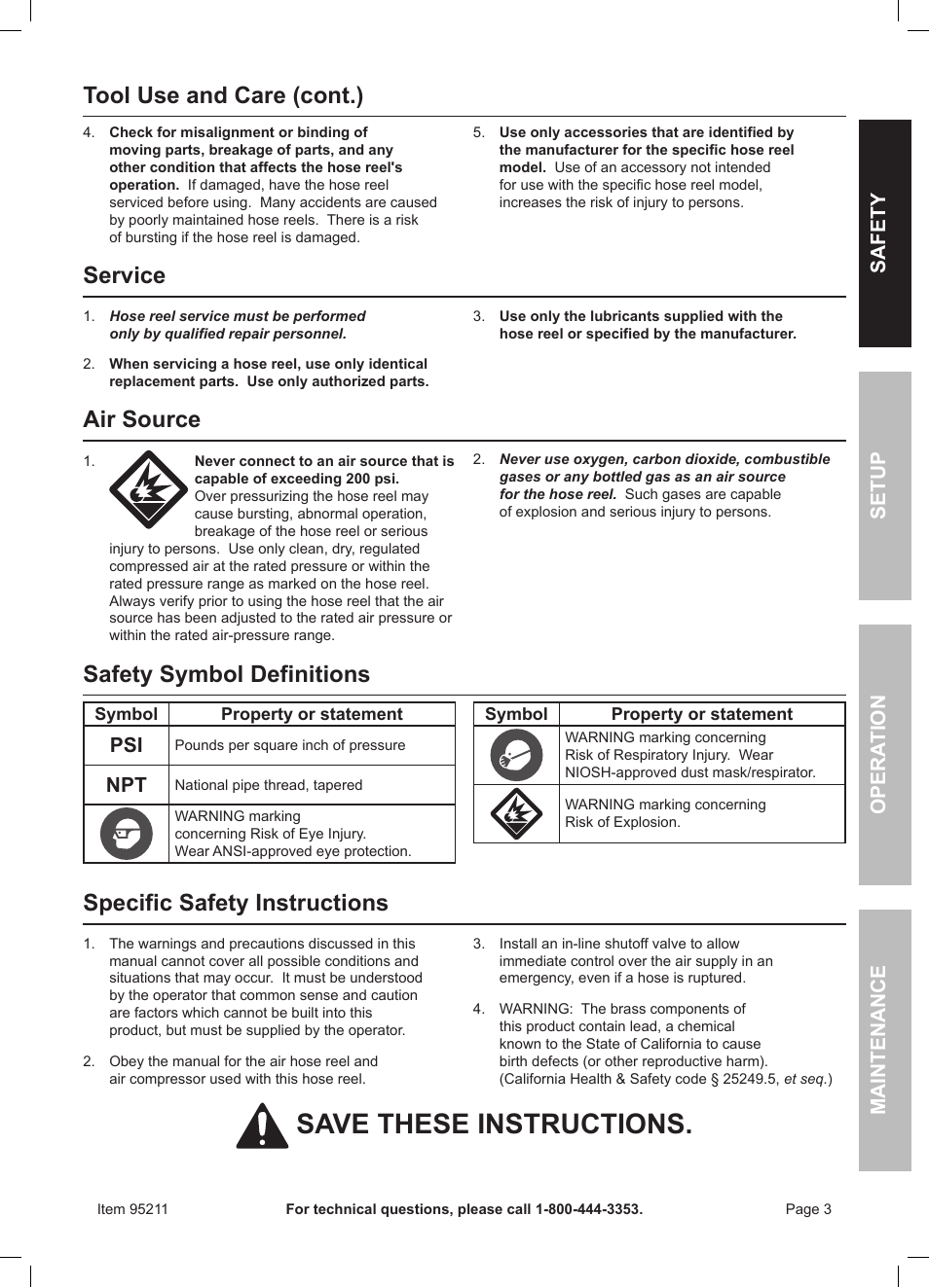 Save these instructions, Service, Air source | Safety symbol definitions, Specific safety instructions, Tool use and care (cont.) | Harbor Freight Tools AUTO-REWIND AIR HOSE REEL 95211 User Manual | Page 3 / 8