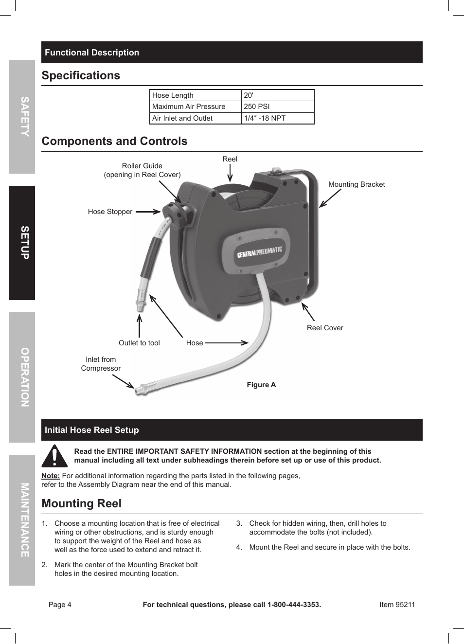 Specifications, Components and controls, Mounting reel | Harbor Freight Tools AUTO-REWIND AIR HOSE REEL 95211 User Manual | Page 4 / 8