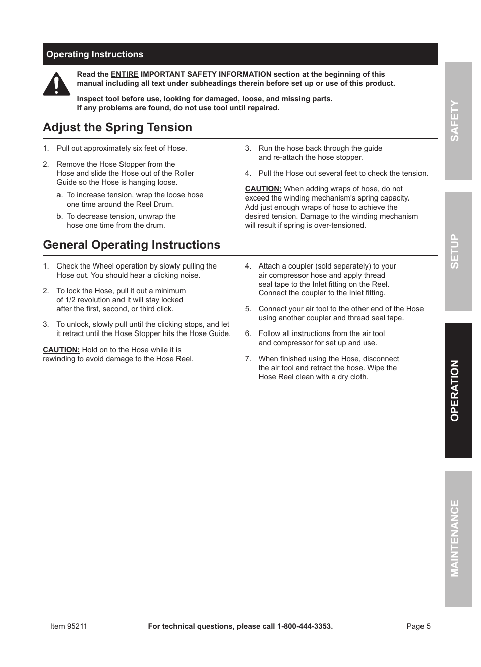 Adjust the spring tension, General operating instructions | Harbor Freight Tools AUTO-REWIND AIR HOSE REEL 95211 User Manual | Page 5 / 8