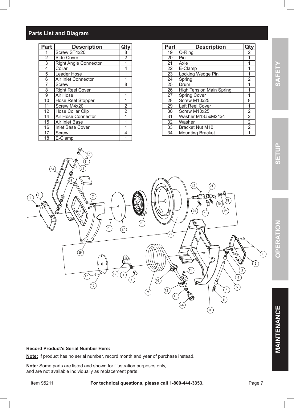 Harbor Freight Tools AUTO-REWIND AIR HOSE REEL 95211 User Manual | Page 7 / 8