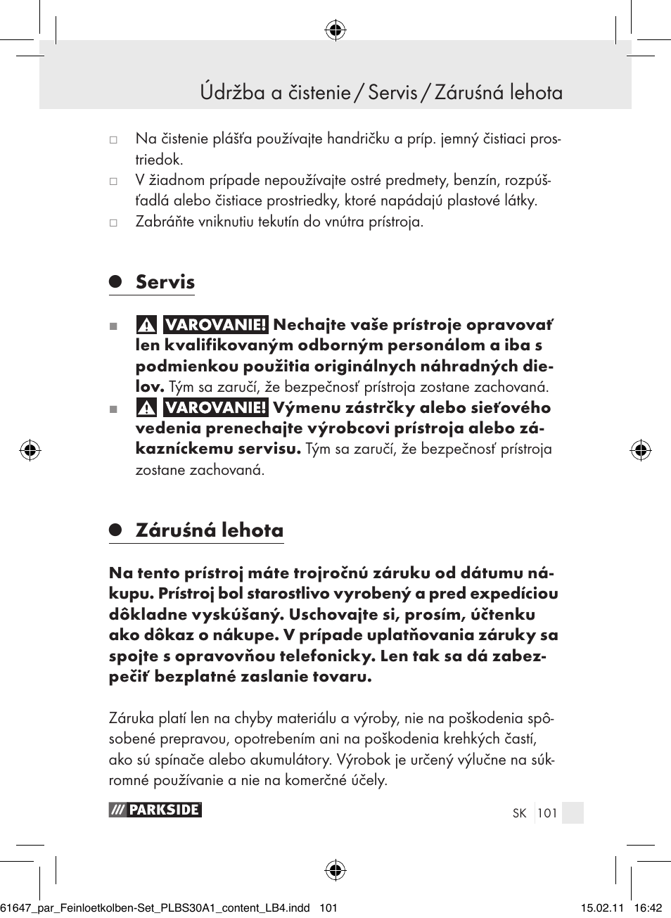 Údržba a čistenie / servis / záruśná lehota, Servis, Záruśná lehota | Parkside PLBS 30 A1 User Manual | Page 100 / 121