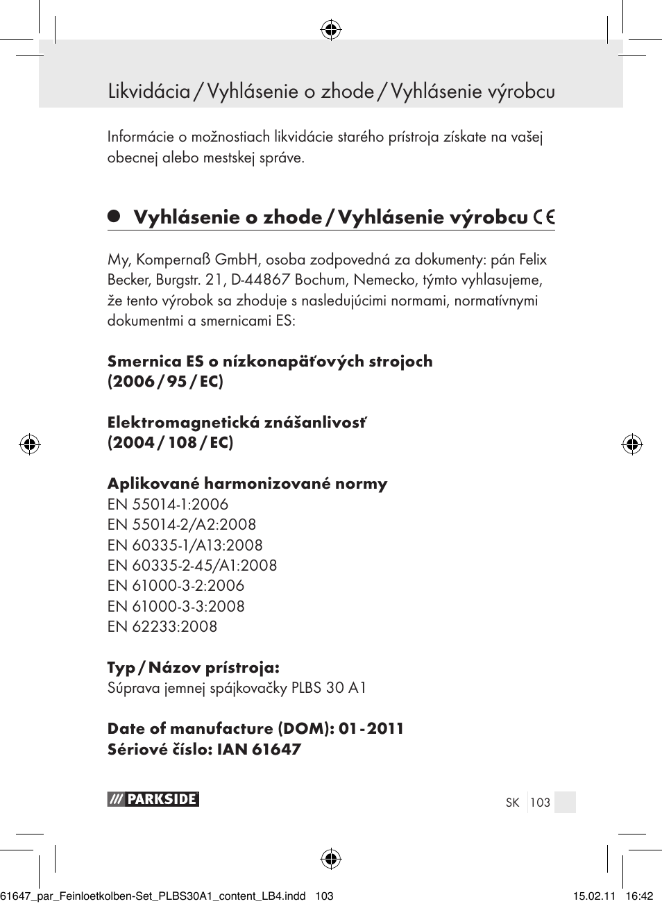 Vyhlásenie o zhode / vyhlásenie výrobcu | Parkside PLBS 30 A1 User Manual | Page 102 / 121