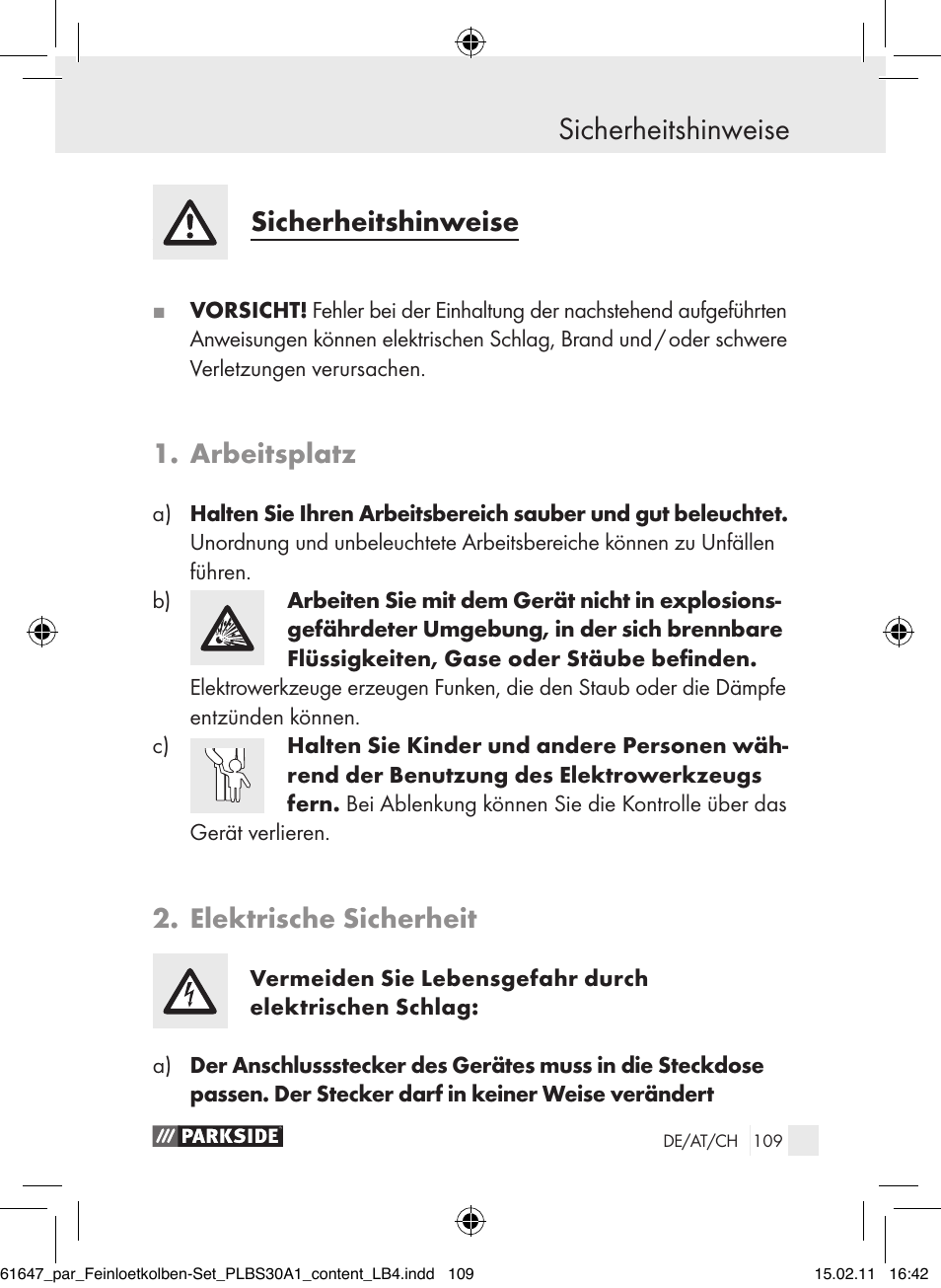 Sicherheitshinweise, Arbeitsplatz, Elektrische sicherheit | Parkside PLBS 30 A1 User Manual | Page 108 / 121