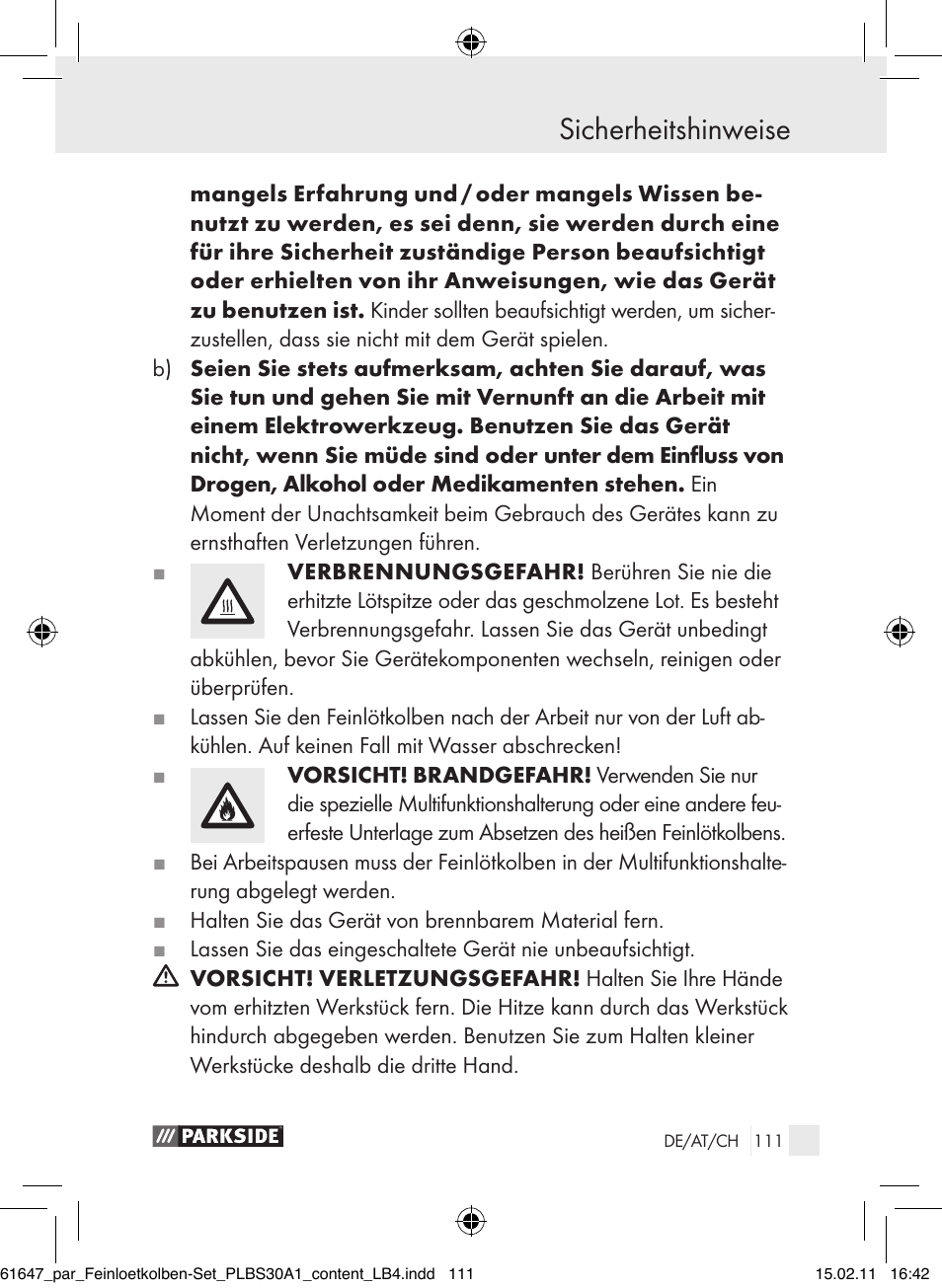 Sicherheitshinweise | Parkside PLBS 30 A1 User Manual | Page 110 / 121