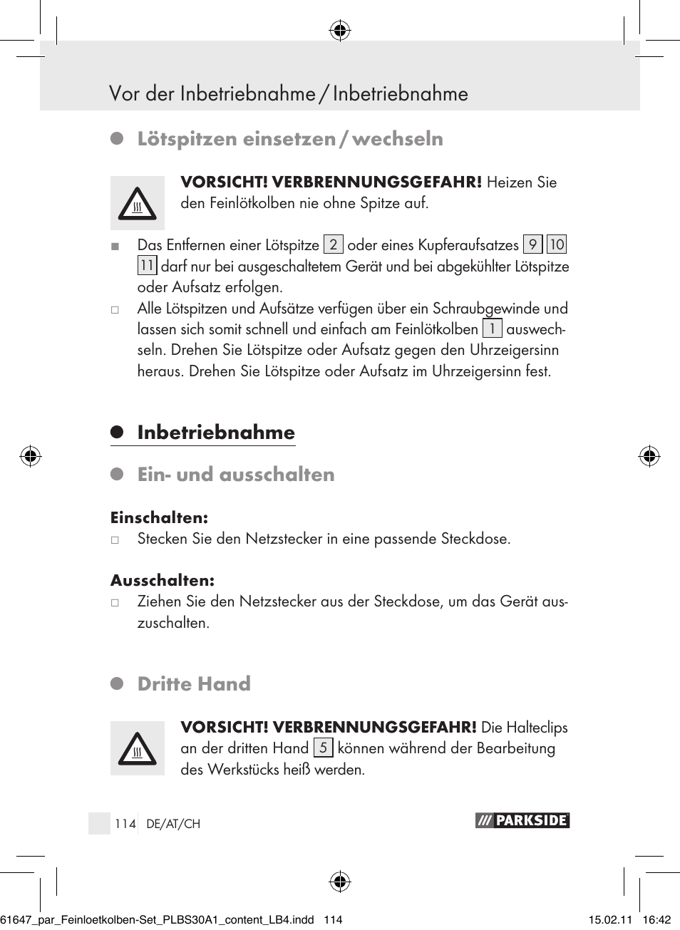 Vor der inbetriebnahme / inbetriebnahme, Lötspitzen einsetzen / wechseln, Inbetriebnahme | Ein­ und ausschalten, Dritte hand | Parkside PLBS 30 A1 User Manual | Page 113 / 121