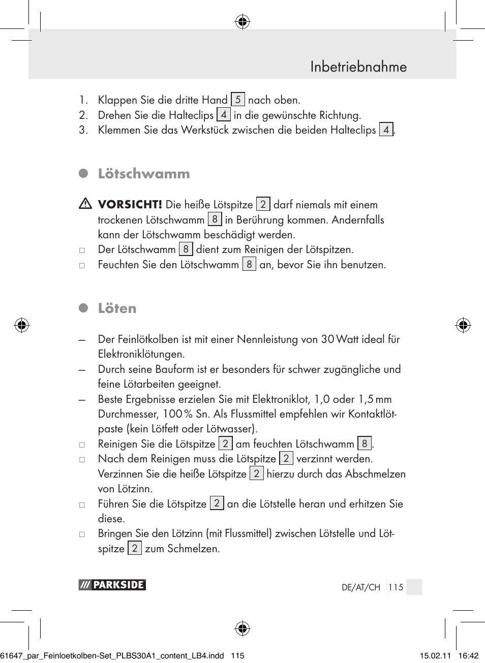 Inbetriebnahme, Lötschwamm, Löten | Parkside PLBS 30 A1 User Manual | Page 114 / 121