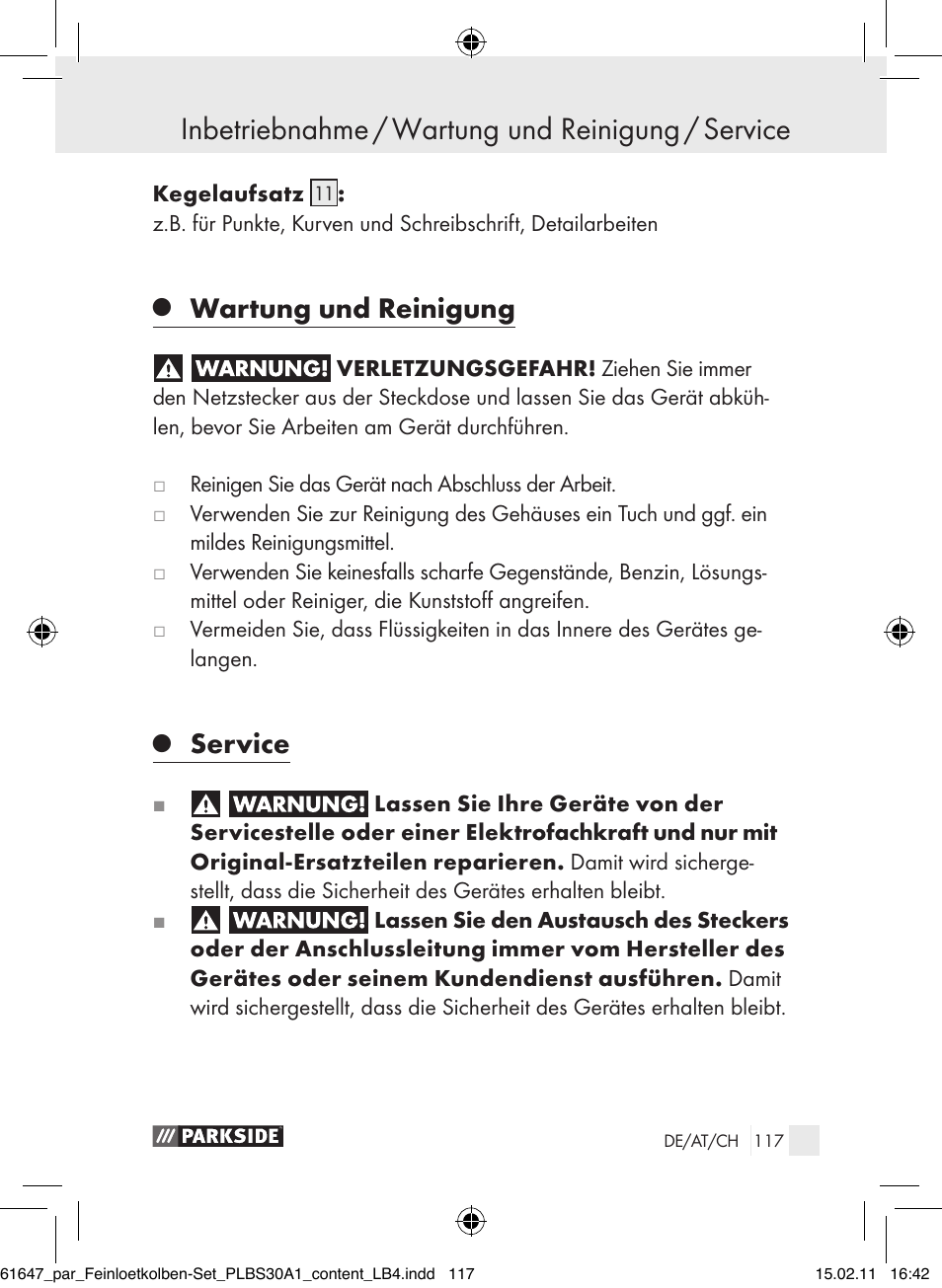 Inbetriebnahme / wartung und reinigung / service, Wartung und reinigung, Service | Parkside PLBS 30 A1 User Manual | Page 116 / 121