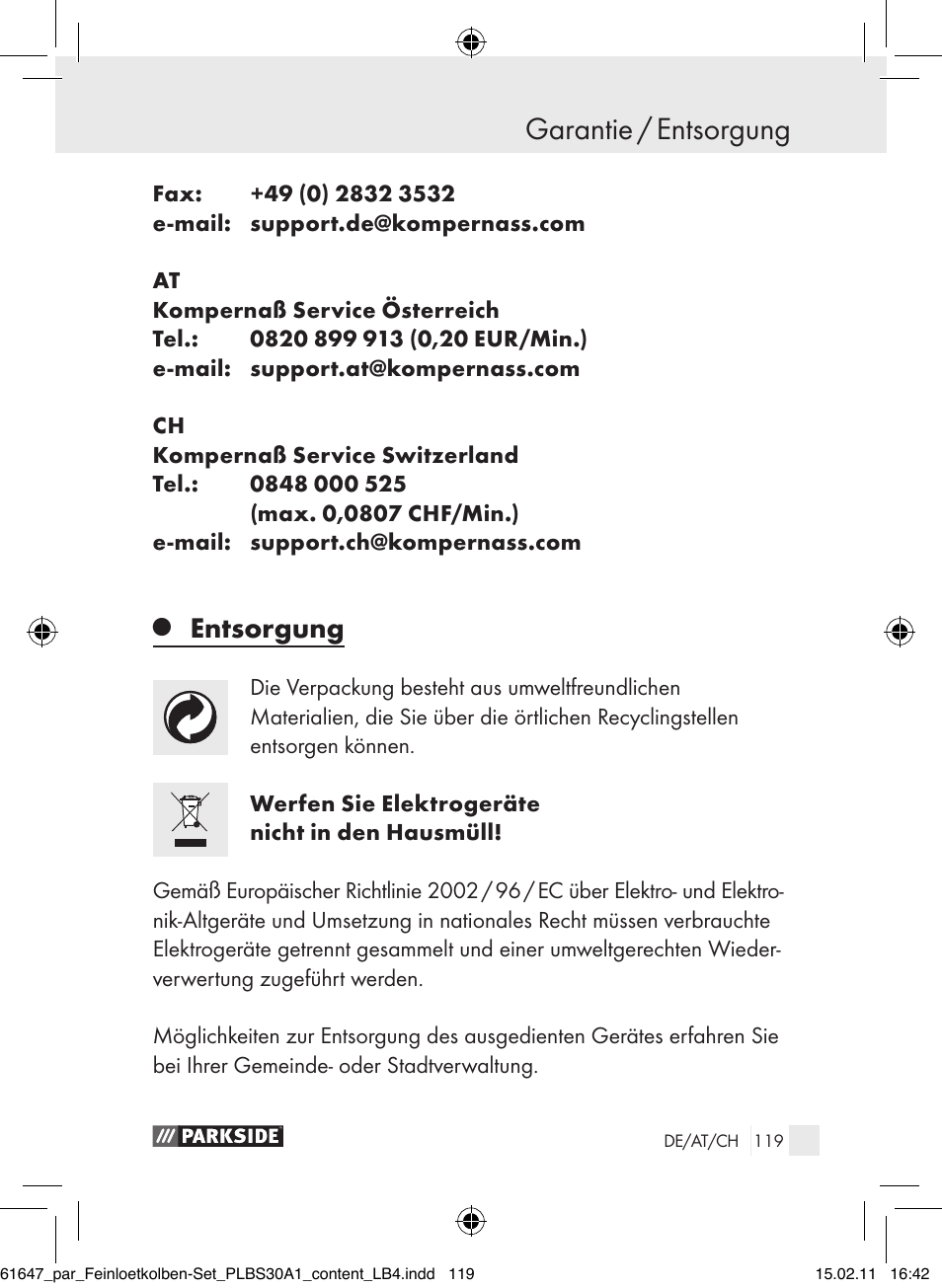 Garantie / entsorgung, Entsorgung | Parkside PLBS 30 A1 User Manual | Page 118 / 121