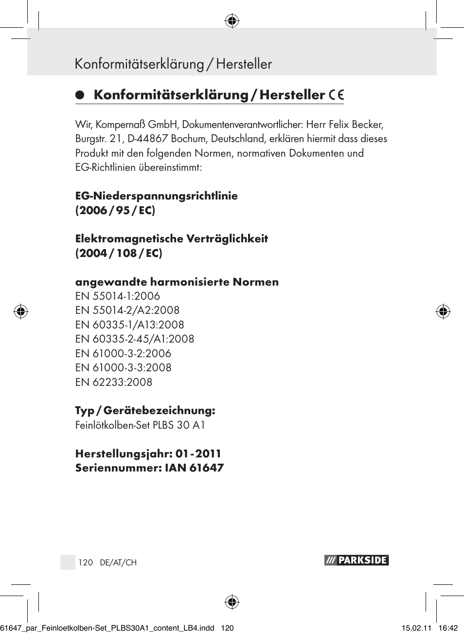 Konformitätserklärung / hersteller | Parkside PLBS 30 A1 User Manual | Page 119 / 121