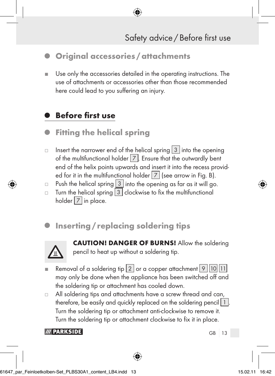 Safety advice / before first use, Original accessories / attachments, Before first use | Fitting the helical spring, Inserting / replacing soldering tips | Parkside PLBS 30 A1 User Manual | Page 12 / 121