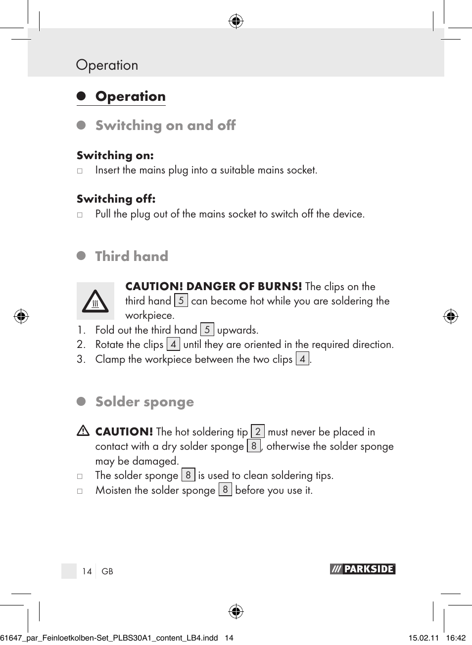 Operation, Switching on and off, Third hand | Solder sponge | Parkside PLBS 30 A1 User Manual | Page 13 / 121