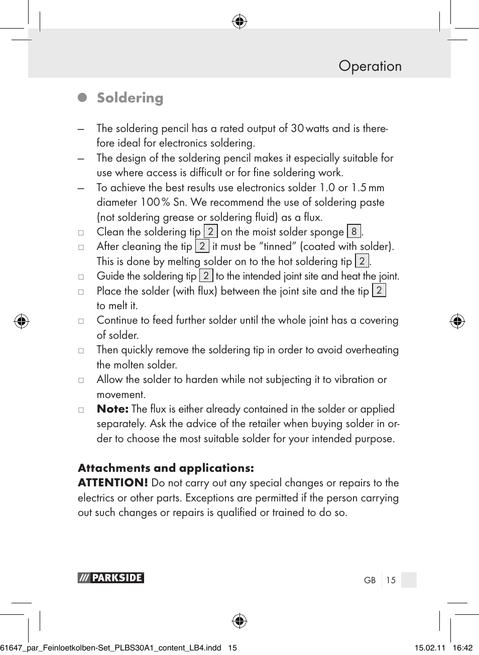 Operation, Soldering | Parkside PLBS 30 A1 User Manual | Page 14 / 121