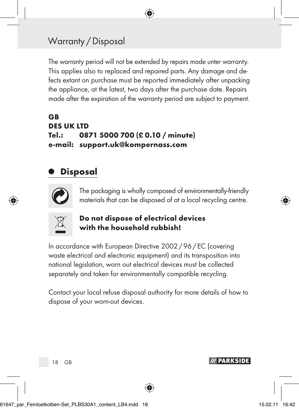 Warranty / disposal, Disposal | Parkside PLBS 30 A1 User Manual | Page 17 / 121