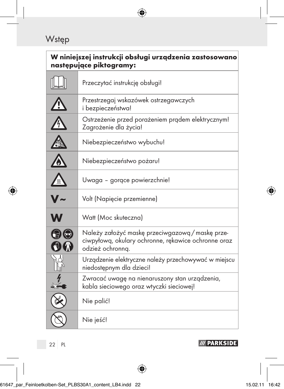 Wstęp | Parkside PLBS 30 A1 User Manual | Page 21 / 121