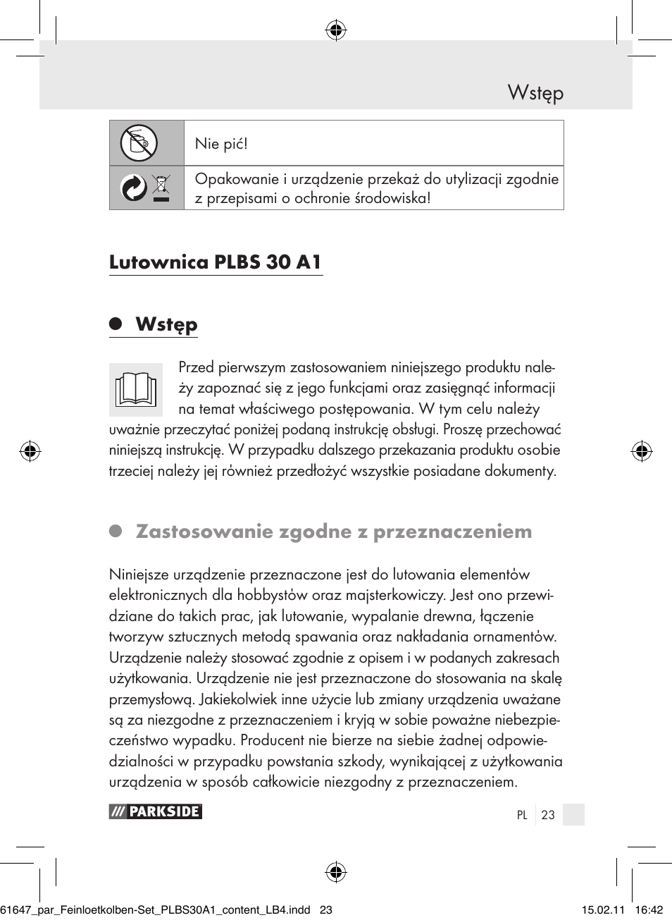 Lutownica plbs 30 a1, Wstęp, Zastosowanie zgodne z przeznaczeniem | Parkside PLBS 30 A1 User Manual | Page 22 / 121