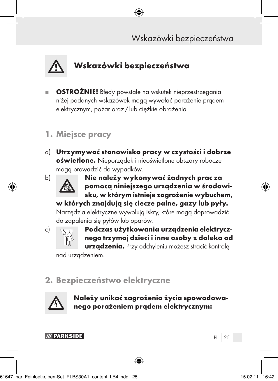 Wskazόwki bezpieczeństwa, Miejsce pracy, Bezpieczeństwo elektryczne | Parkside PLBS 30 A1 User Manual | Page 24 / 121