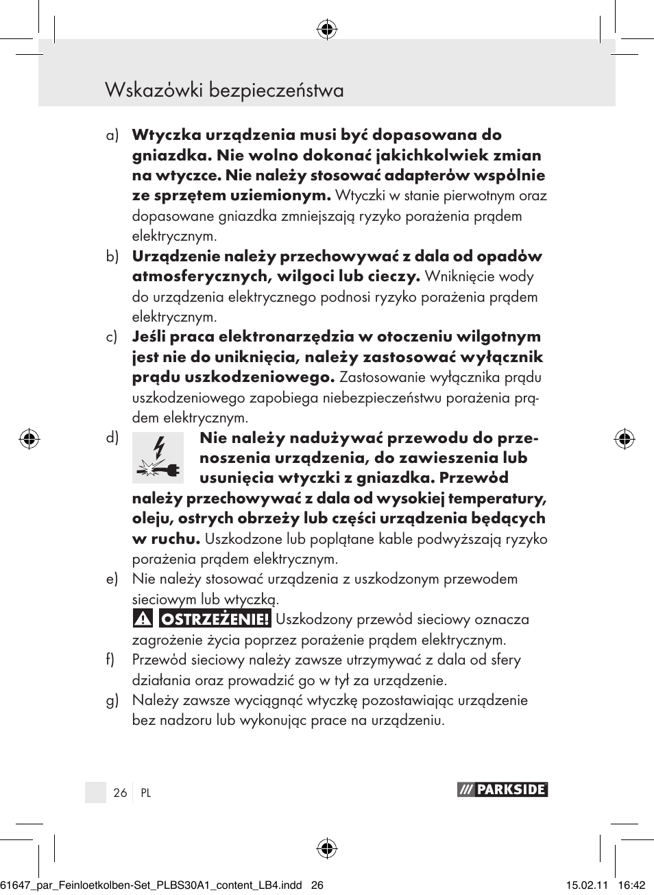 Wskazόwki bezpieczeństwa | Parkside PLBS 30 A1 User Manual | Page 25 / 121