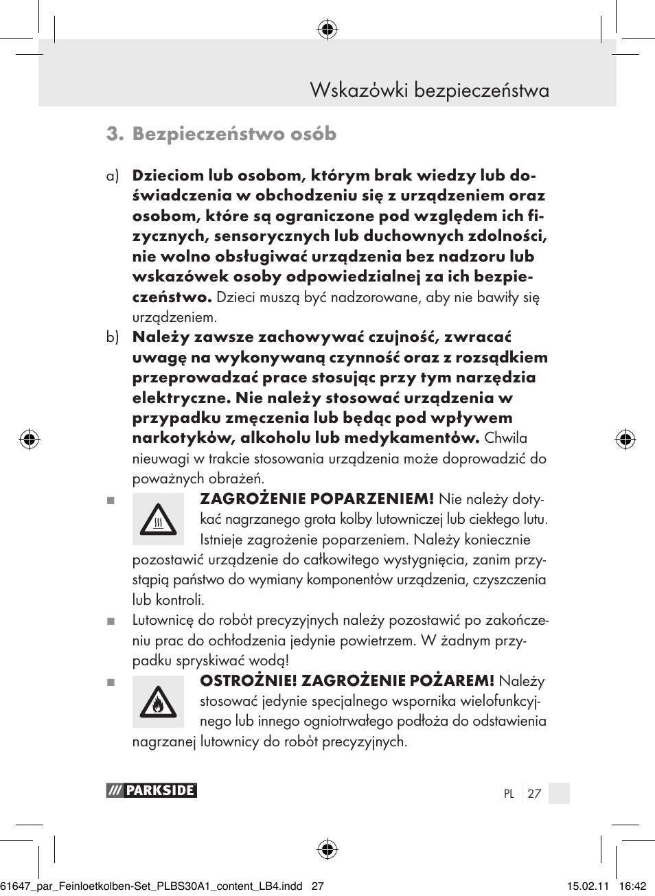 Wskazόwki bezpieczeństwa, Bezpieczeństwo osób | Parkside PLBS 30 A1 User Manual | Page 26 / 121