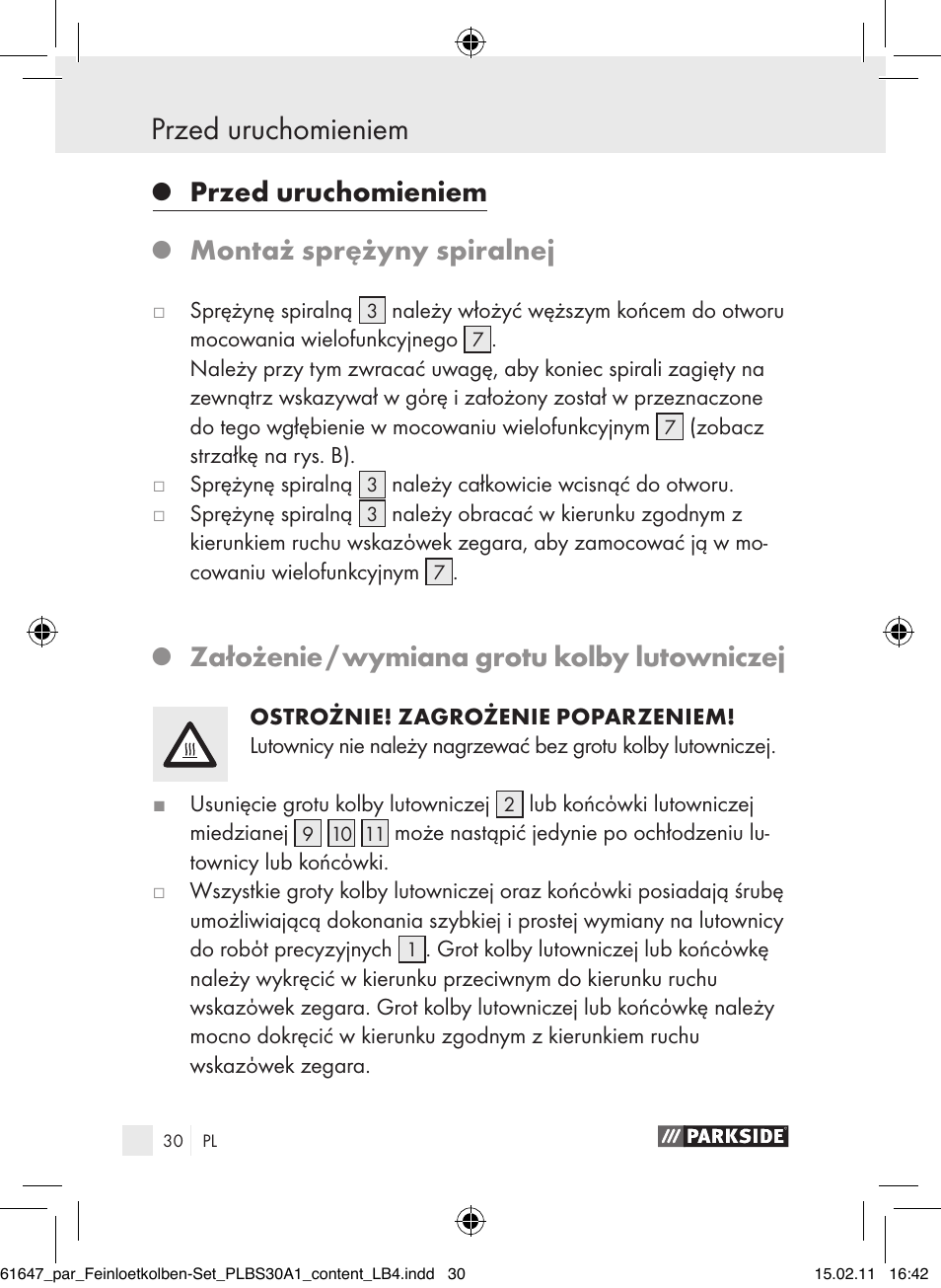 Przed uruchomieniem, Montaż sprężyny spiralnej, Założenie / wymiana grotu kolby lutowniczej | Parkside PLBS 30 A1 User Manual | Page 29 / 121