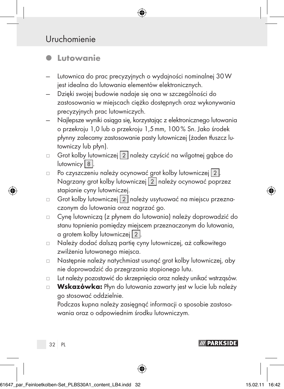 Uruchomienie, Lutowanie | Parkside PLBS 30 A1 User Manual | Page 31 / 121