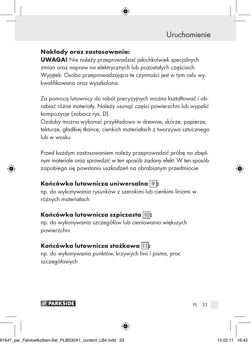 Uruchomienie | Parkside PLBS 30 A1 User Manual | Page 32 / 121