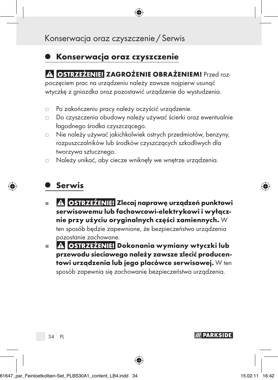 Konserwacja oraz czyszczenie / serwis, Konserwacja oraz czyszczenie, Serwis | Parkside PLBS 30 A1 User Manual | Page 33 / 121
