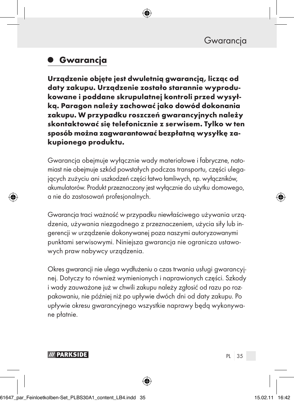 Gwarancja | Parkside PLBS 30 A1 User Manual | Page 34 / 121