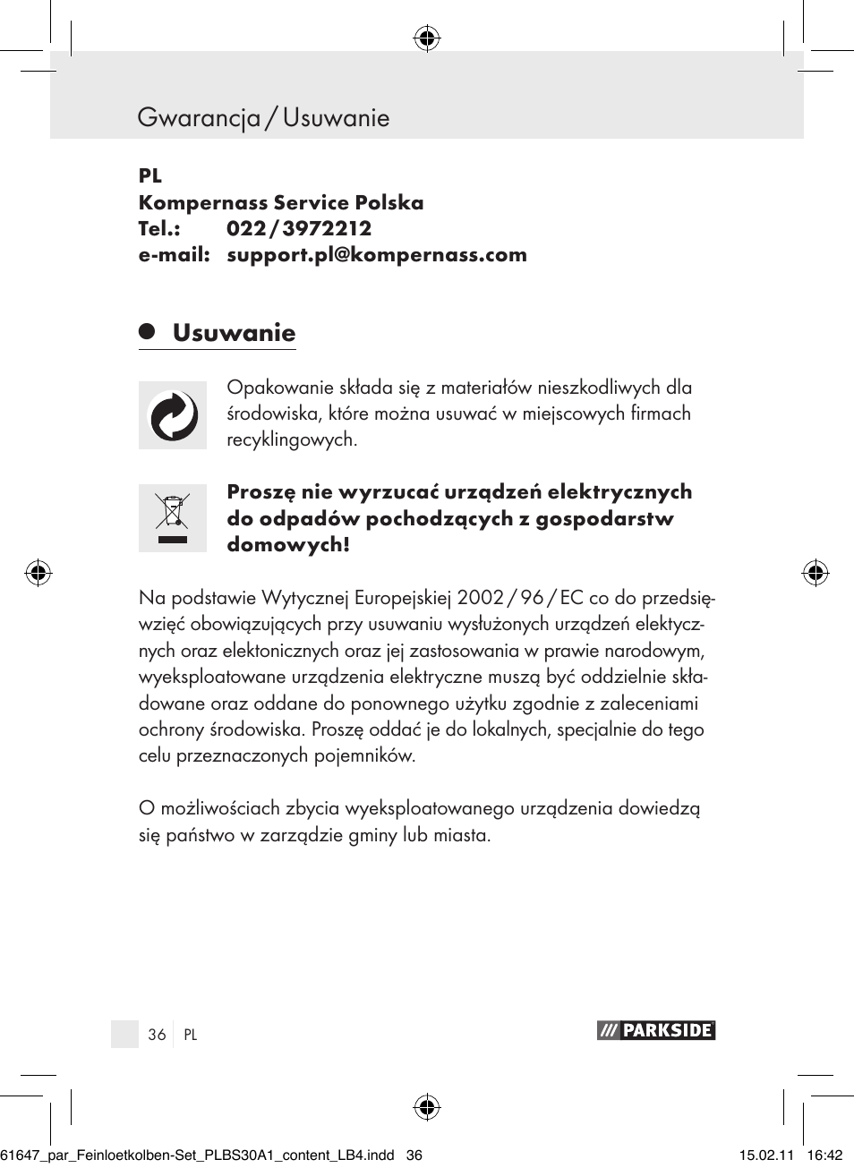 Gwarancja / usuwanie, Usuwanie | Parkside PLBS 30 A1 User Manual | Page 35 / 121