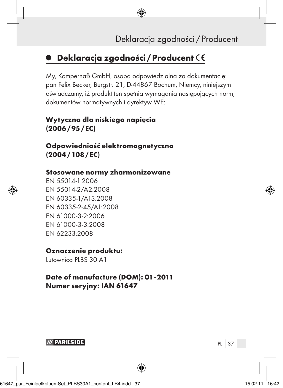 Deklaracja zgodności / producent | Parkside PLBS 30 A1 User Manual | Page 36 / 121