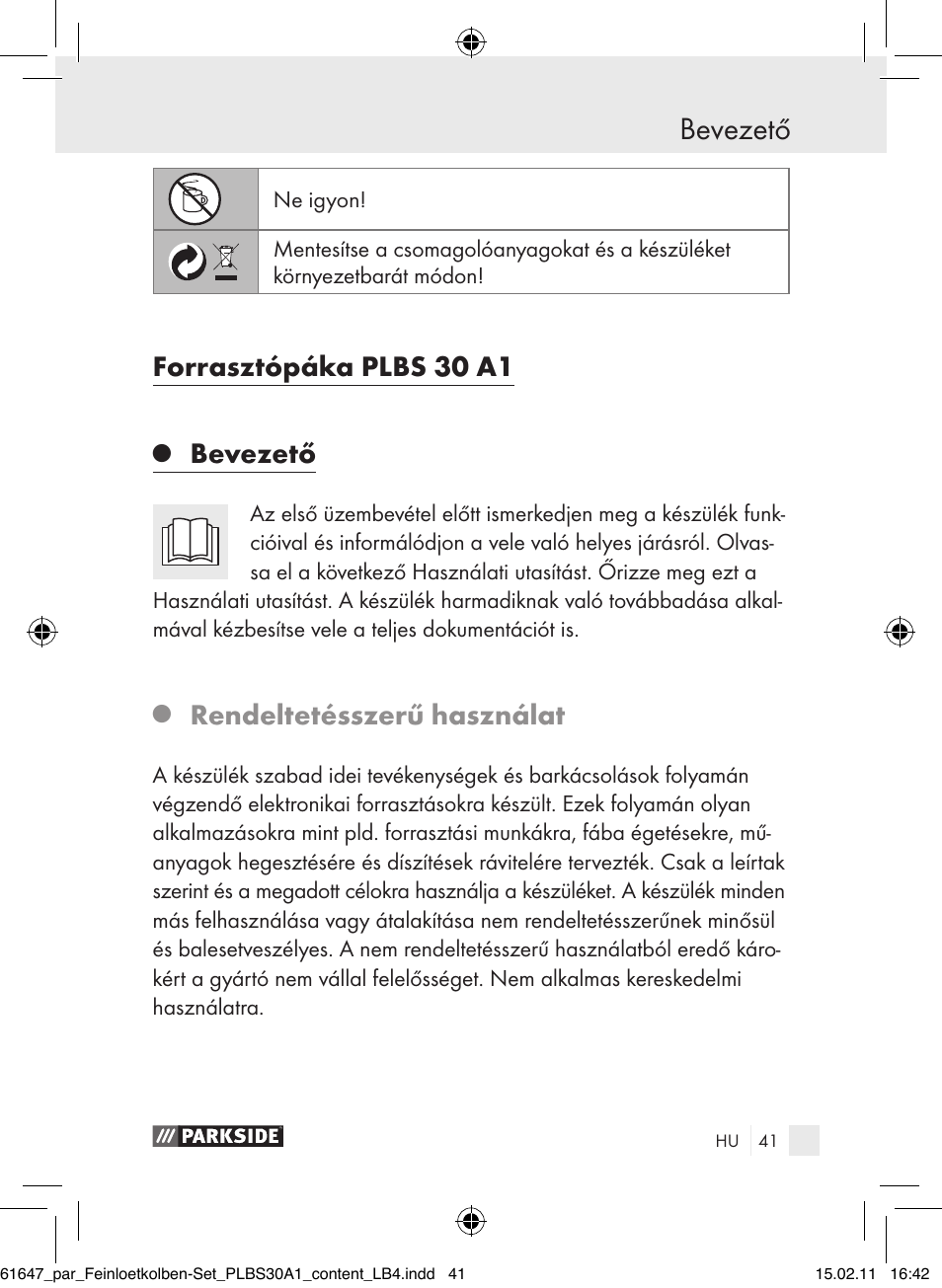 Forrasztópáka plbs 30 a1, Bevezető, Rendeltetésszerű használat | Parkside PLBS 30 A1 User Manual | Page 40 / 121