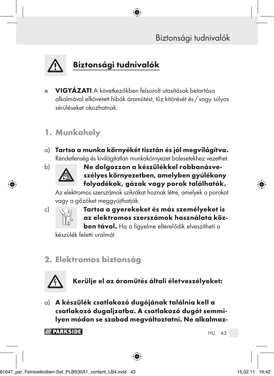 Biztonsági tudnivalók, Munkahely, Elektromos biztonság | Parkside PLBS 30 A1 User Manual | Page 42 / 121