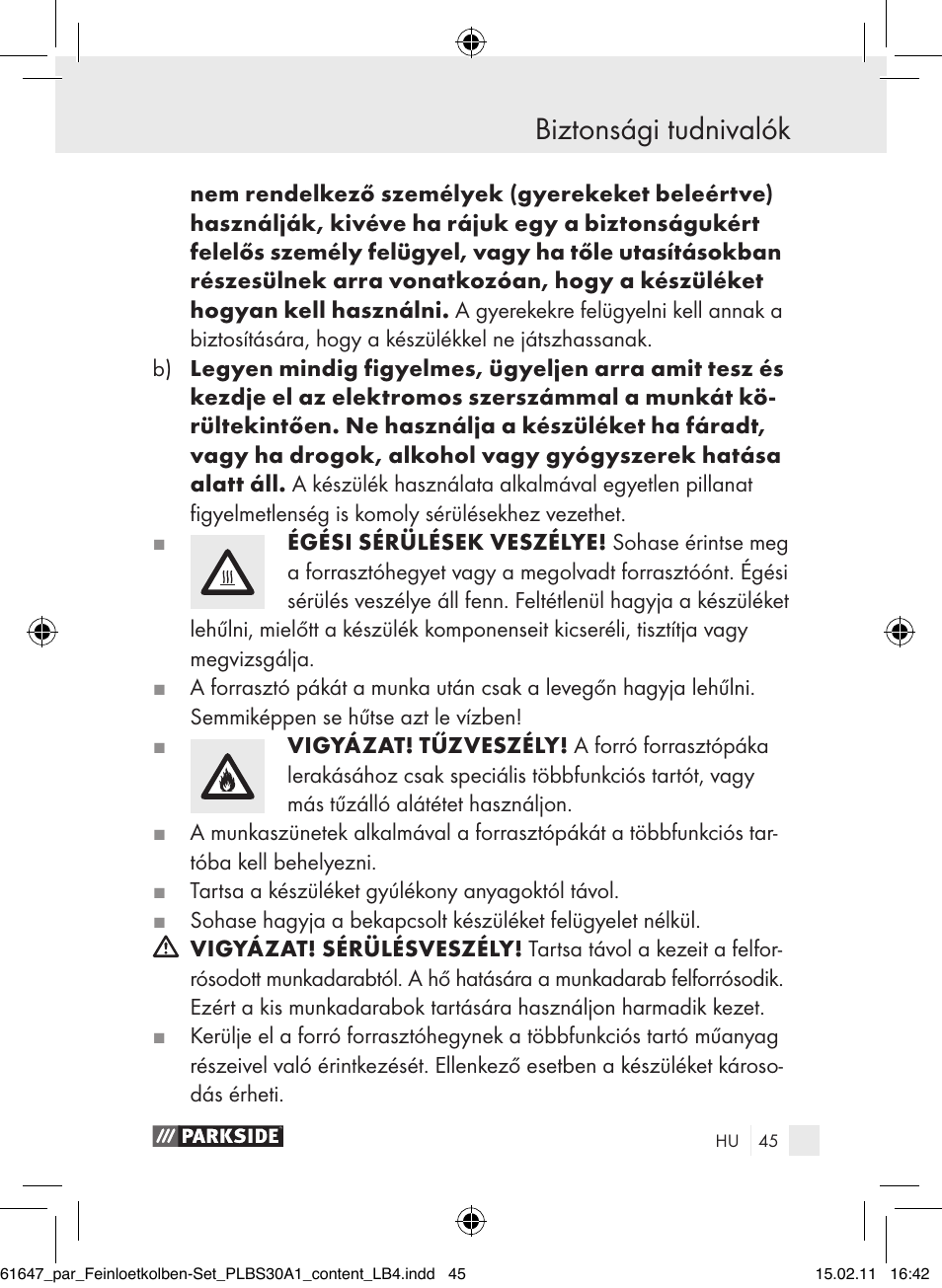 Biztonsági tudnivalók | Parkside PLBS 30 A1 User Manual | Page 44 / 121